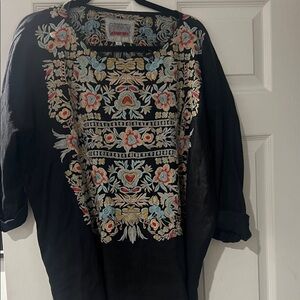 Johnny Was Black Blouse with Colorful Embroidery